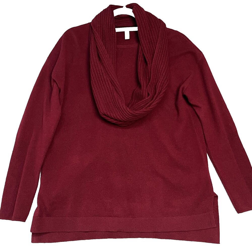 Nordstrom Collection 100% Cashmere Sweater L Burgundy Red‎ Stitch Cowl Neck